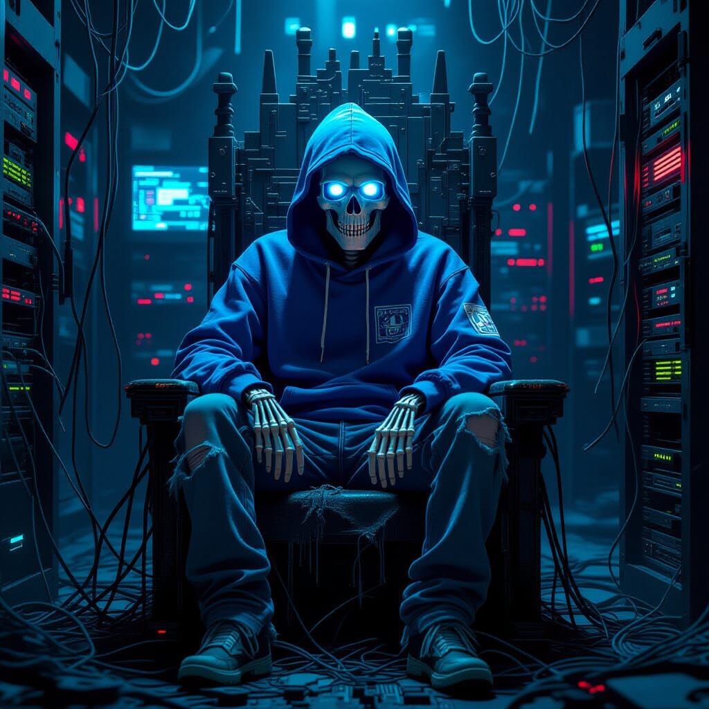 Melancholic Skeleton King in Cyberpunk Server Room