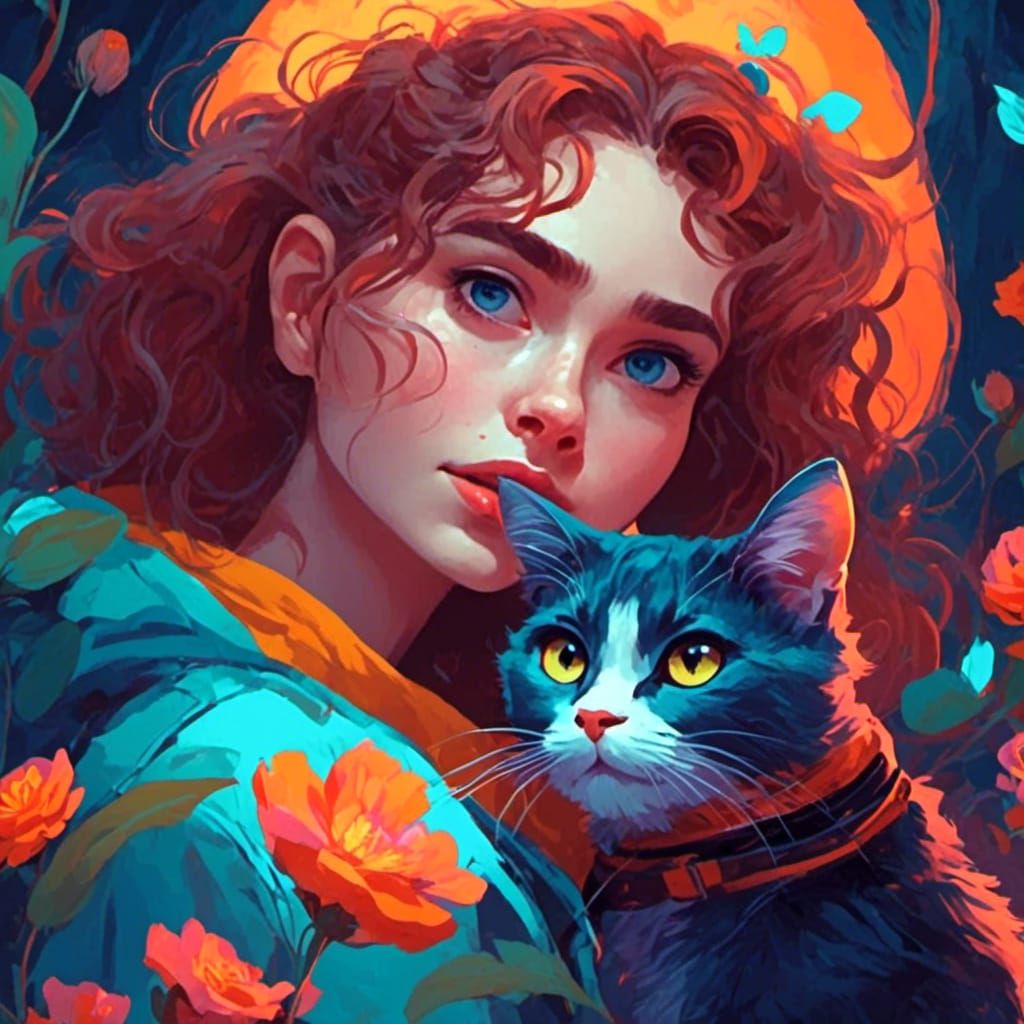 Woman and Cat Portrait in Dreamy Style