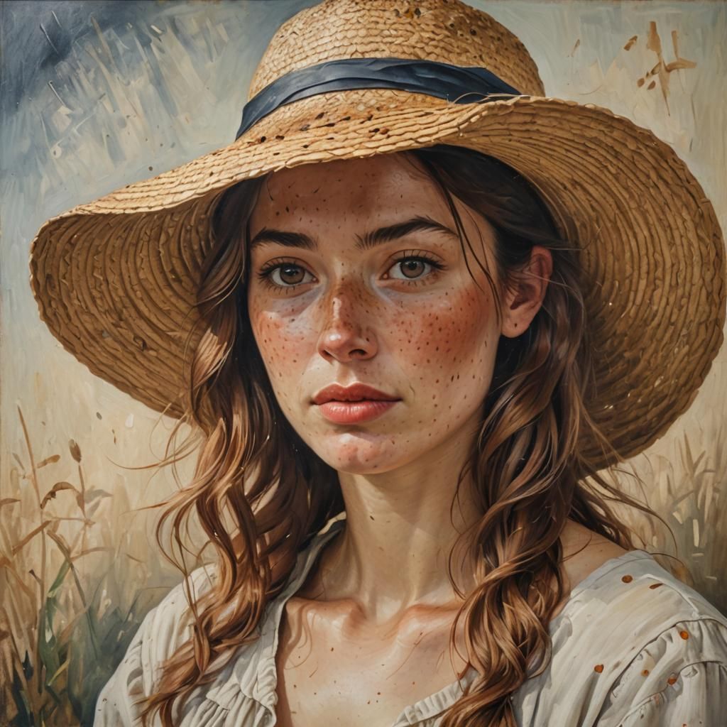Freckled Woman in Straw Hat: An Oil Painting