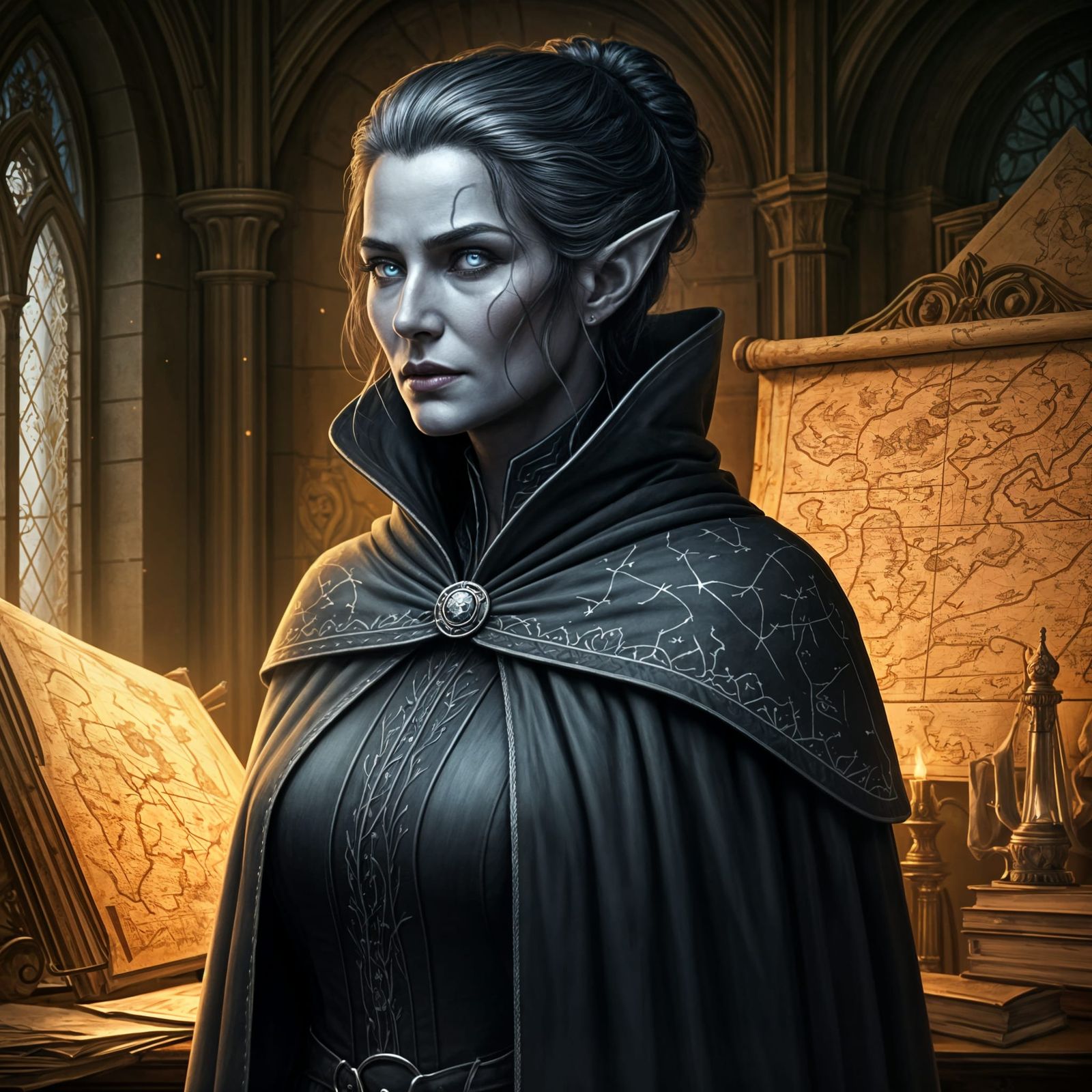 Elegant Drow Leader Surrounded by Ancient Maps