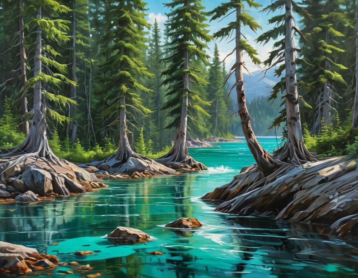 Crashing Tides and Emerald Forest: An Oil Painting