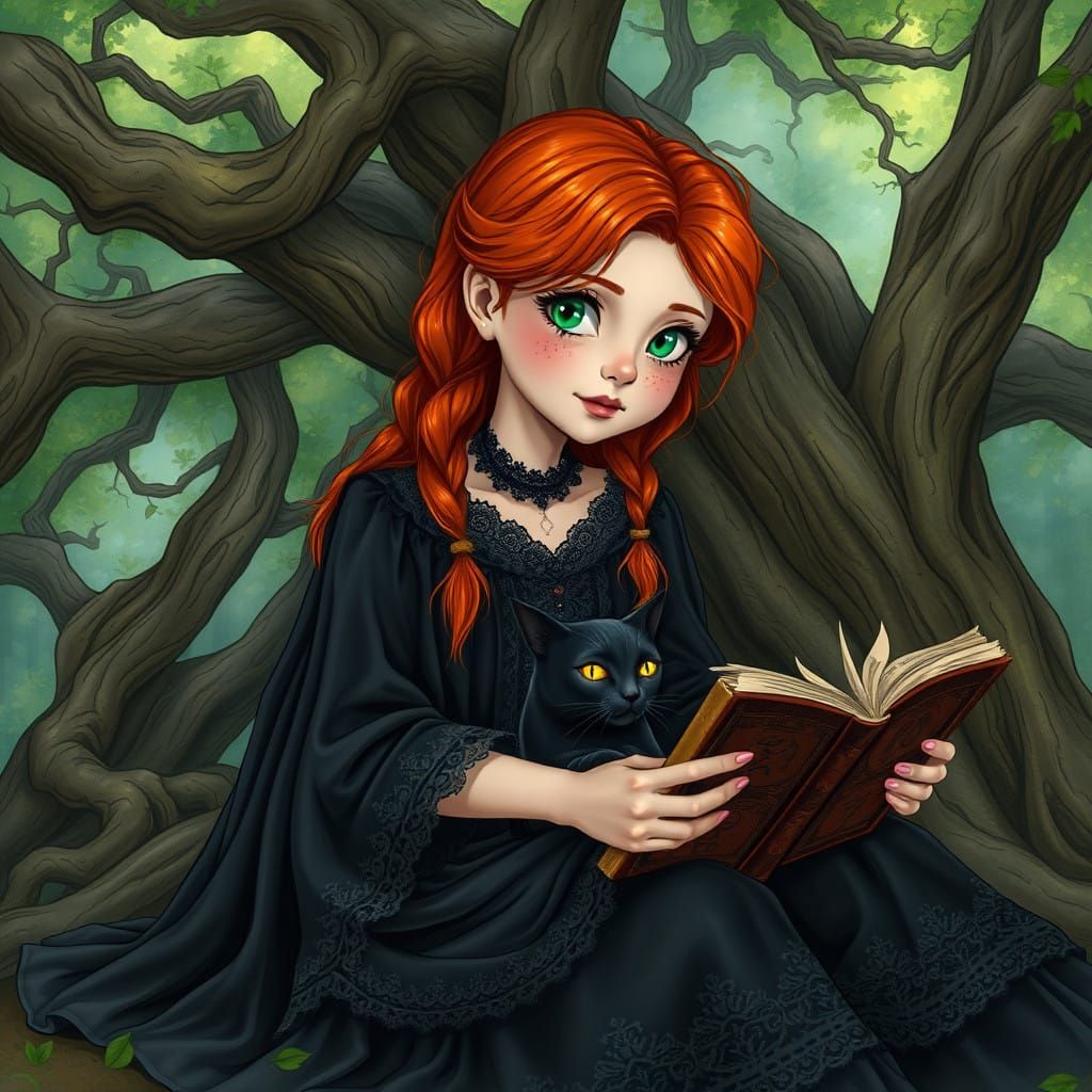 Mystical Redhead Goddess in Ancient Forest with Magic Cat