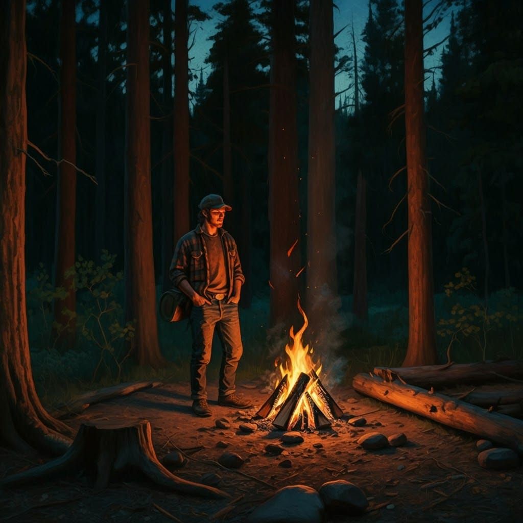 Man by Campfire in Forest, Romantic Landscape Painting
