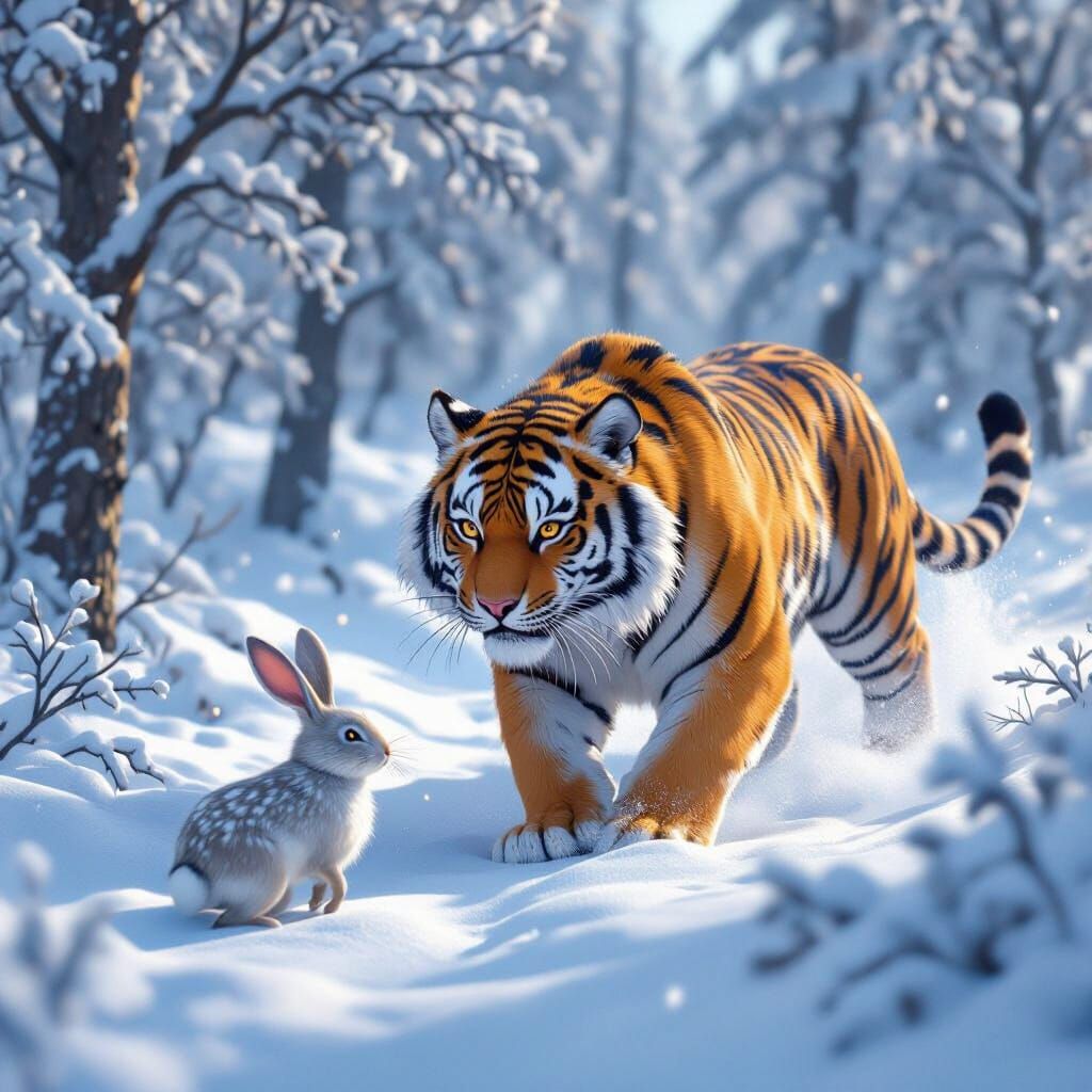 Siberian Tiger Hunting Hare in Snowy Forest, Anime Style