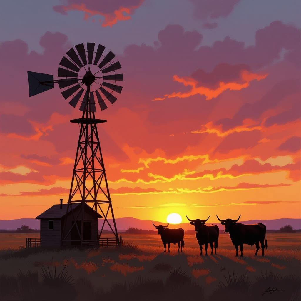 West Texas Sunset Oil Painting with Windmill and Cattle