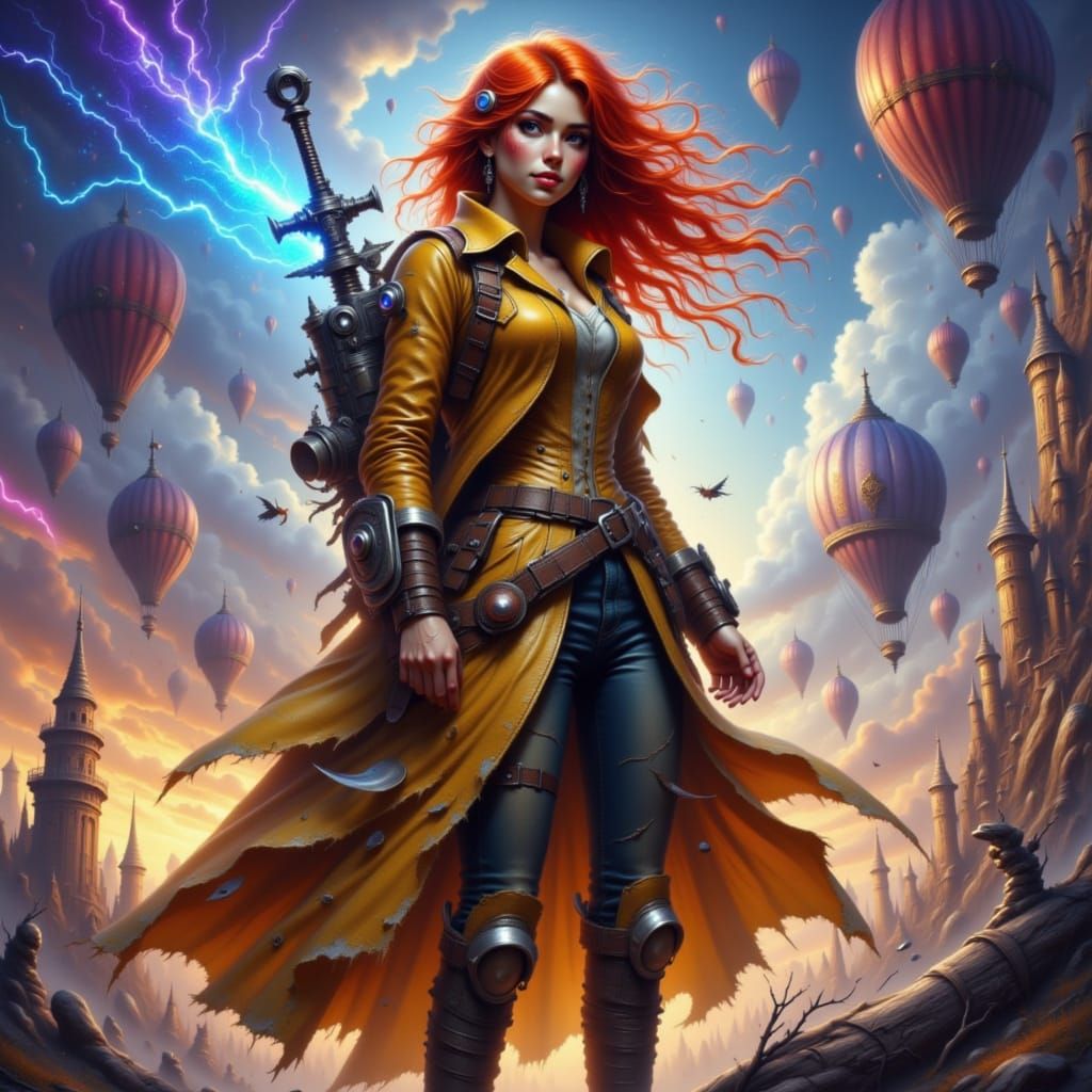 Cyberpunk Aviator Woman with Cracked Eye on Dirigible Deck