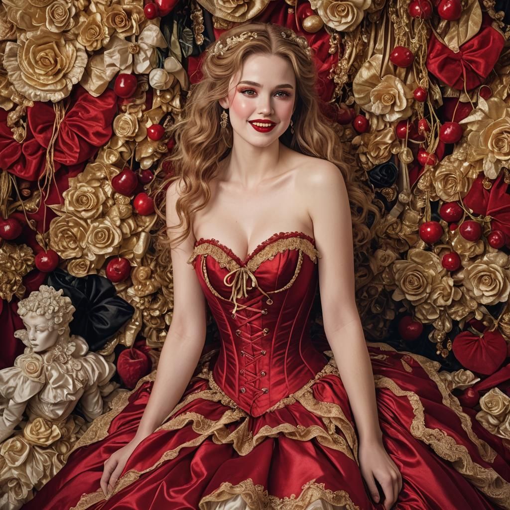 Young Woman in Red Amongst Lavish Clothing