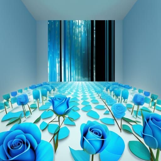 Blue Roses and Tulips in Blue Leafy Forest Painting