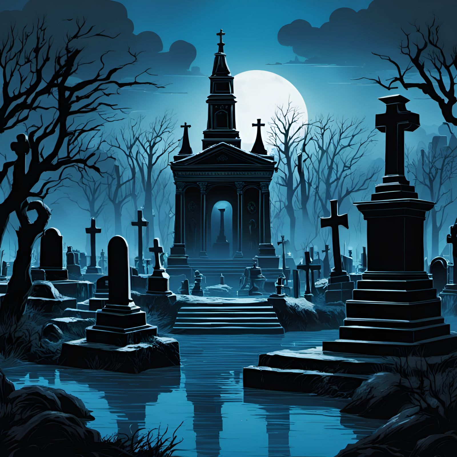 Flooded Cemetery in Blue and Black Palette
