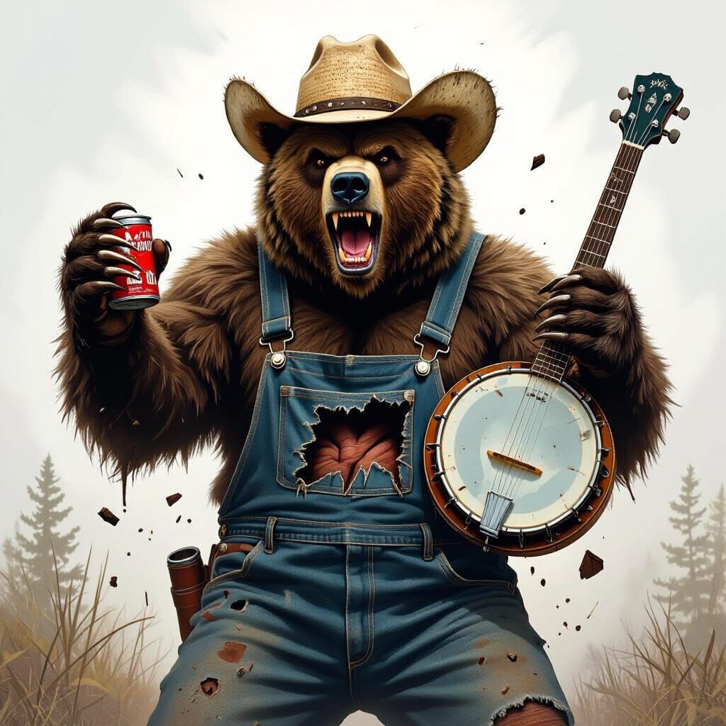 Furious Grizzly Bear with Banjo, Gritty Dark Fantasy Art