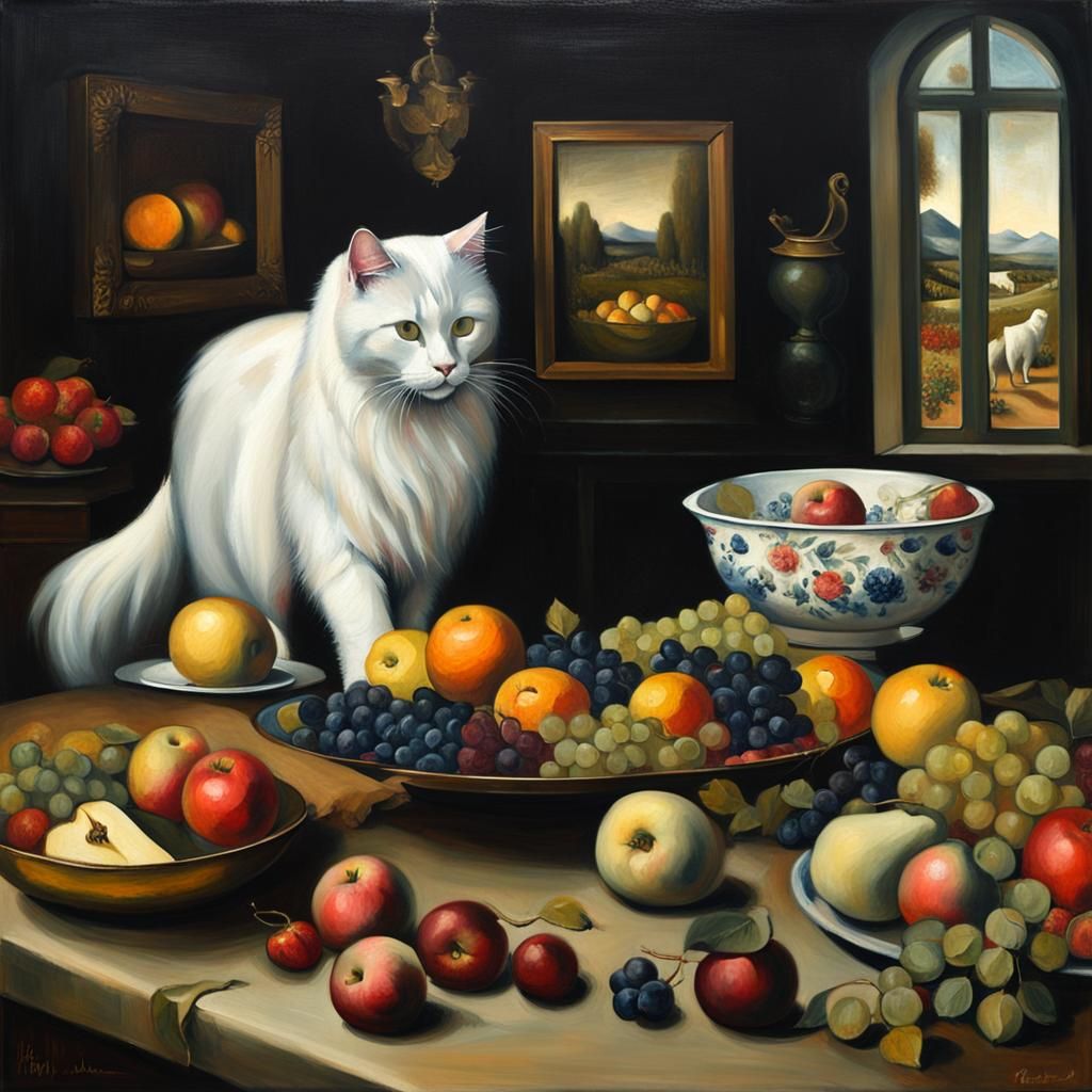Elegant Feline Midst Whimsical Still Life in Baroque Oil Pai...