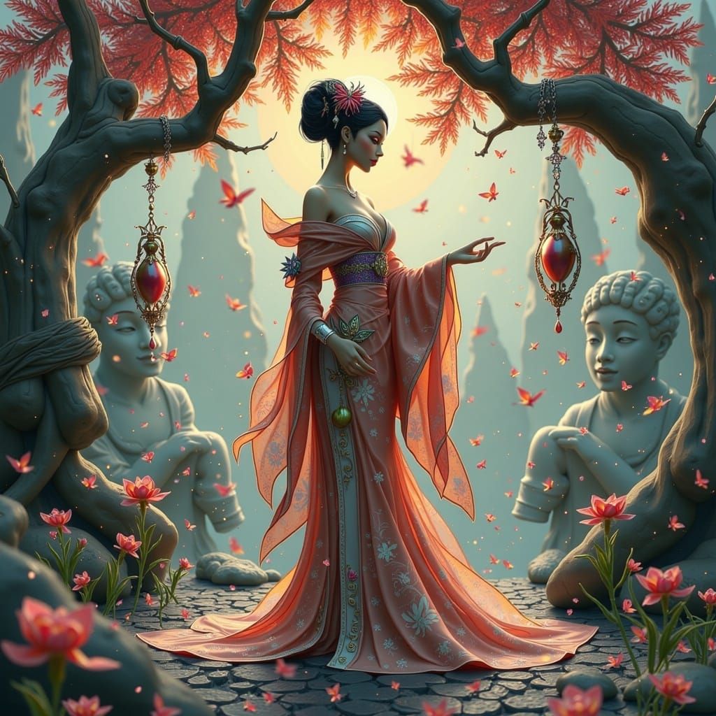 Geisha in Art Nouveau Style with Iridescent Light