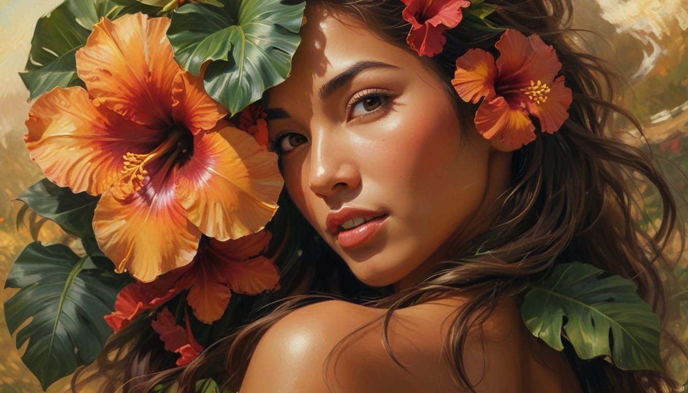 Hula Dancer in Tropical Paradise, Vibrant Impressionistic St...