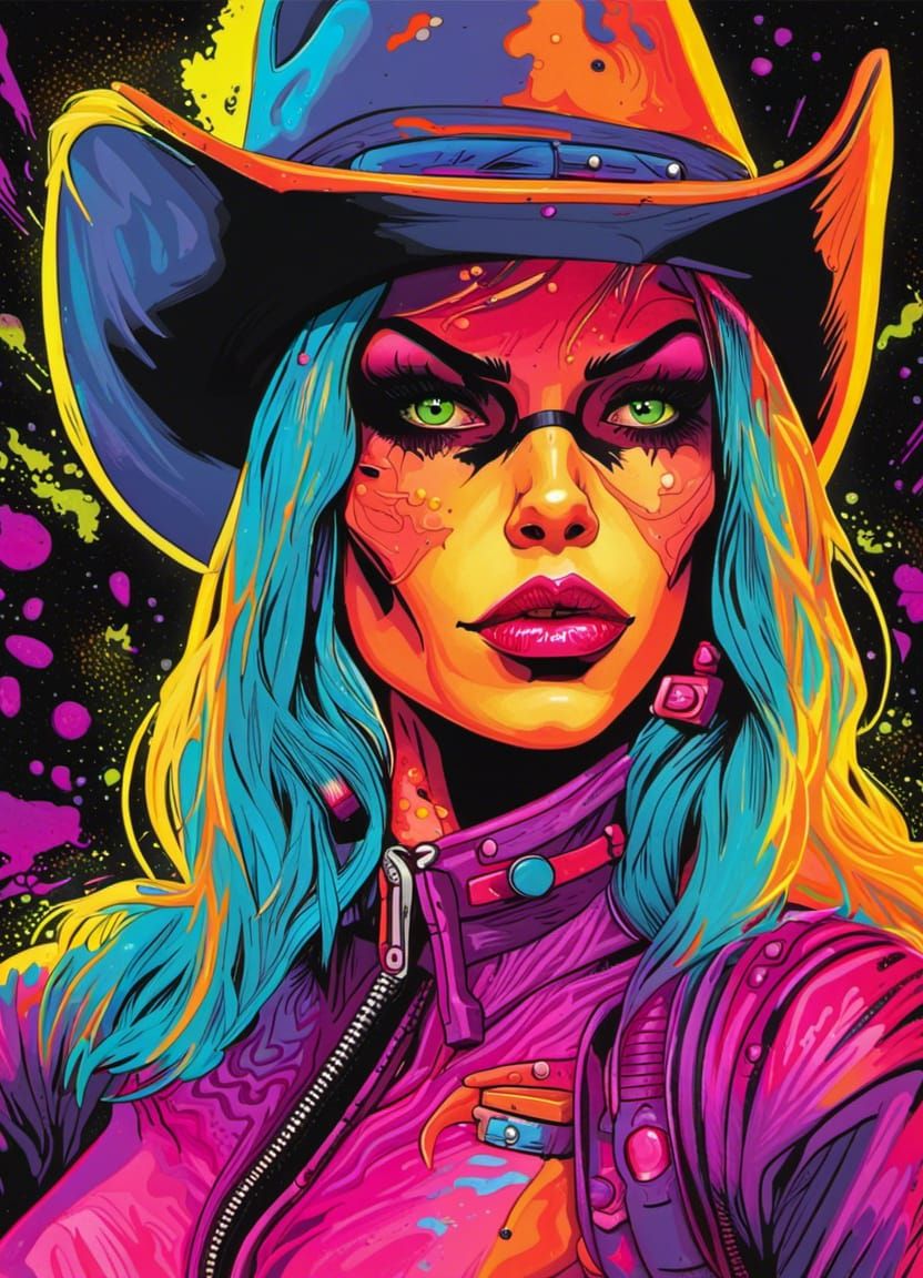 Alien Cowgirl Assassin in Black Light Art Style