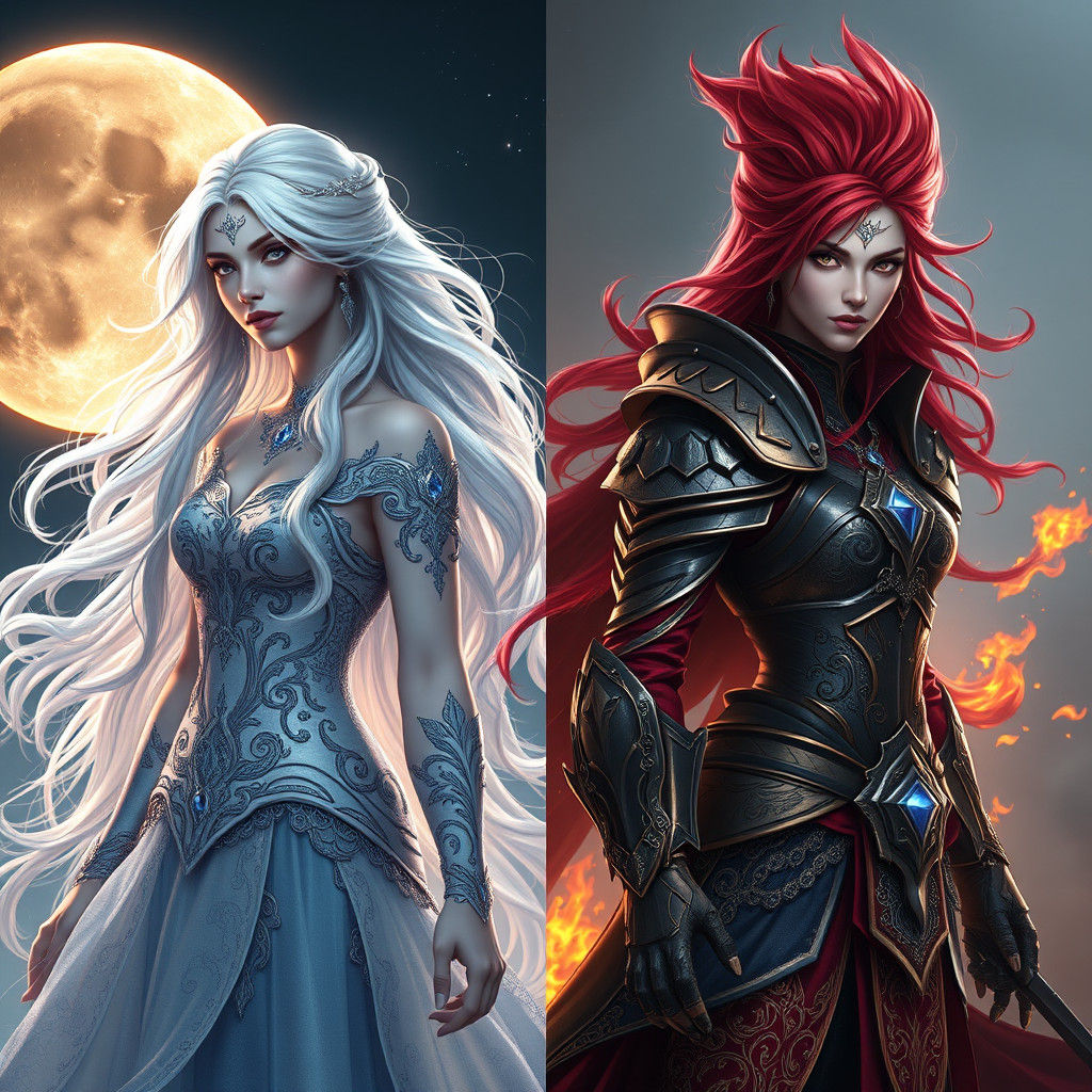 Moonlit Enchantress and Flameborne Sentinel Fantasy Art