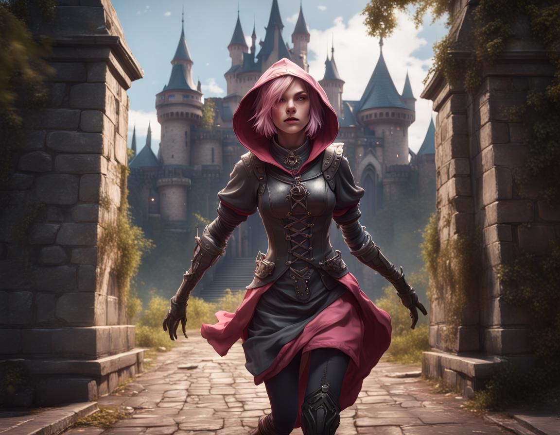 Dark Elf Maid Running From Castle, Detailed Fantasy Art