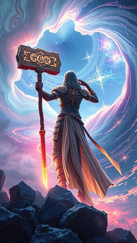 Ethereal Warrior in a Swirling Vortex of Iridescent Colors