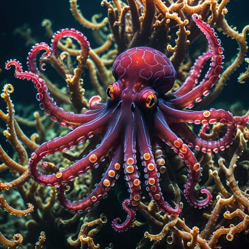 Ruby Octopus Swimming in Ocean Depths: Macro Shot