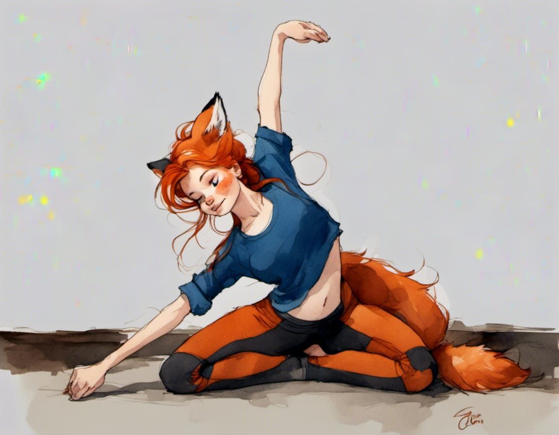 Adorable Fox-girl VIXEN, wearing yoga outfit, stretching.