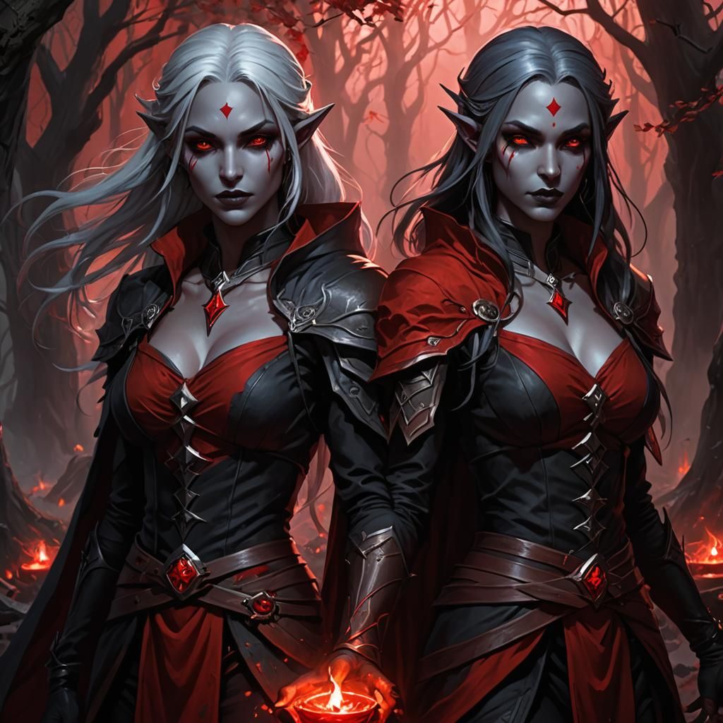 Drow Elf Twin Blood Sorcerers in Dungeons and Dragons Style