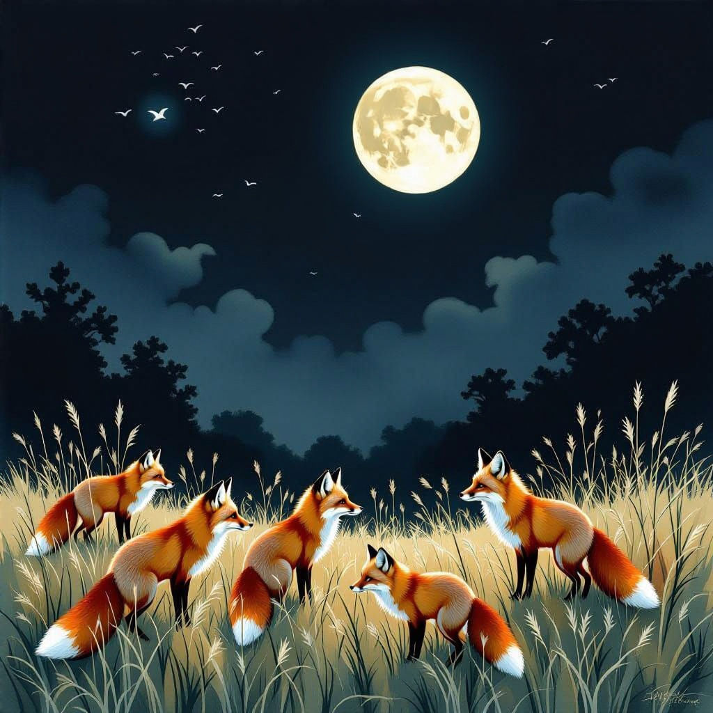 Foxes in Meadow Under Shadowed Moon