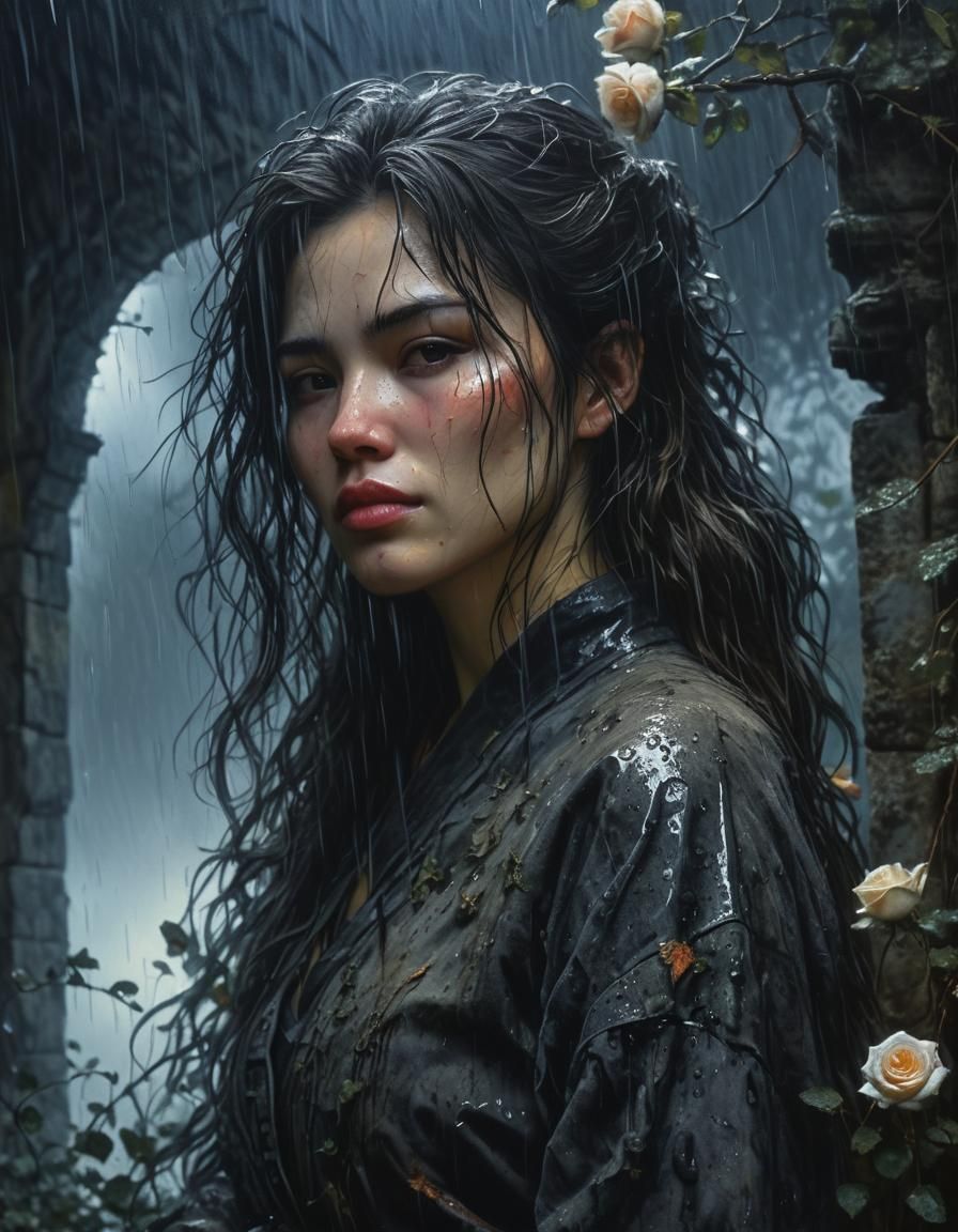 Chiaroscuro Oil Painting: Woman in Stone Ruins