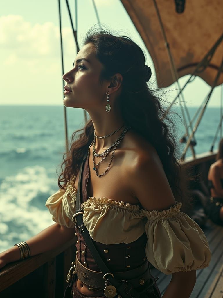 Cinematic Pirate Queen Surveys the Ocean Waves