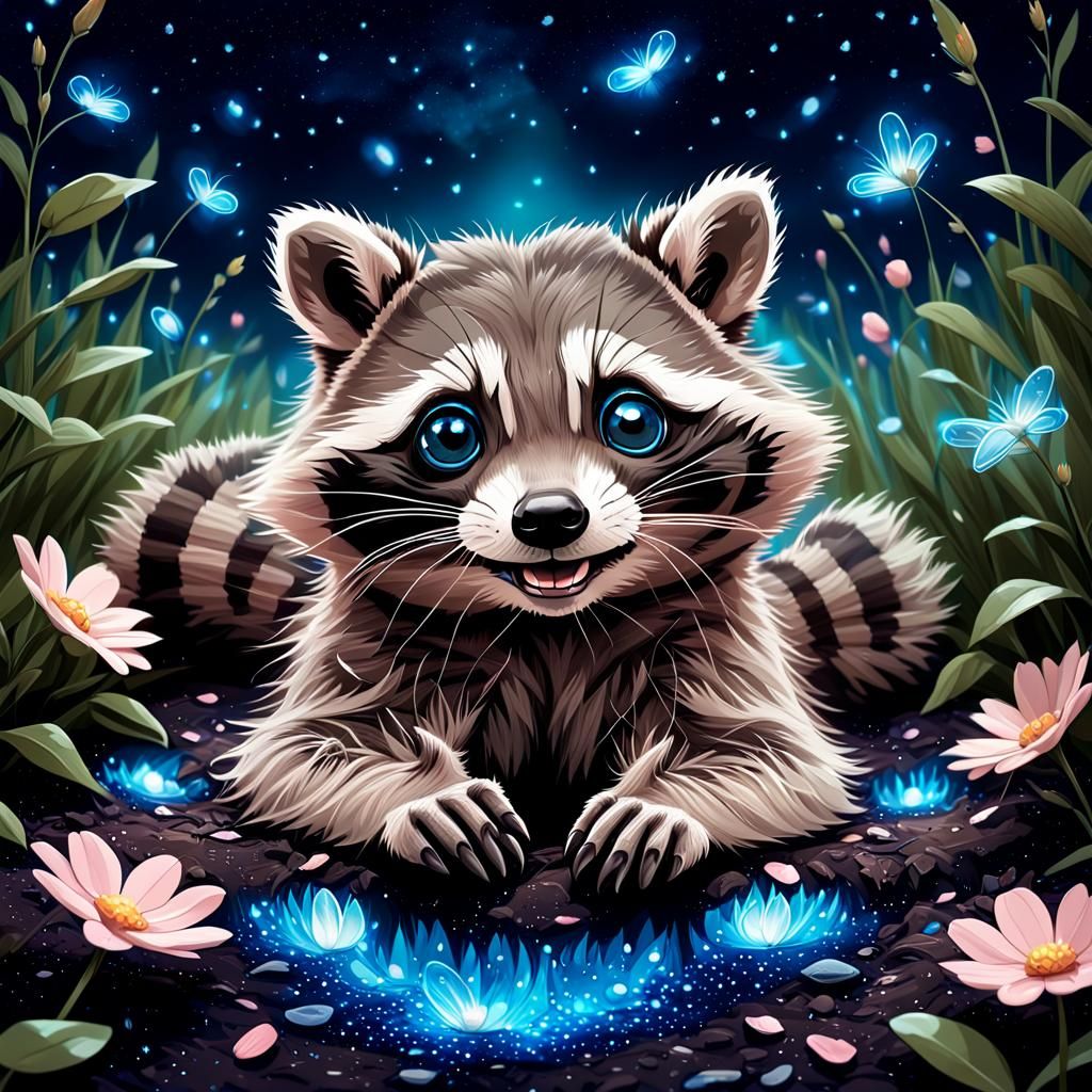 Adorable Raccoon in Garden with Fireflies