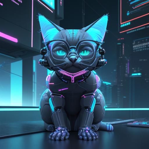 Neon Cyberpunk Cat Rendered in 3D Geometry