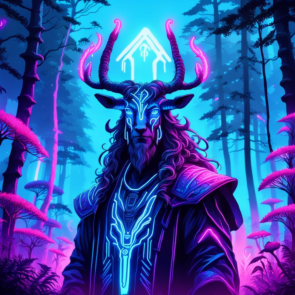 Cernunnos in Neon Forest, Synthwave Digital Art