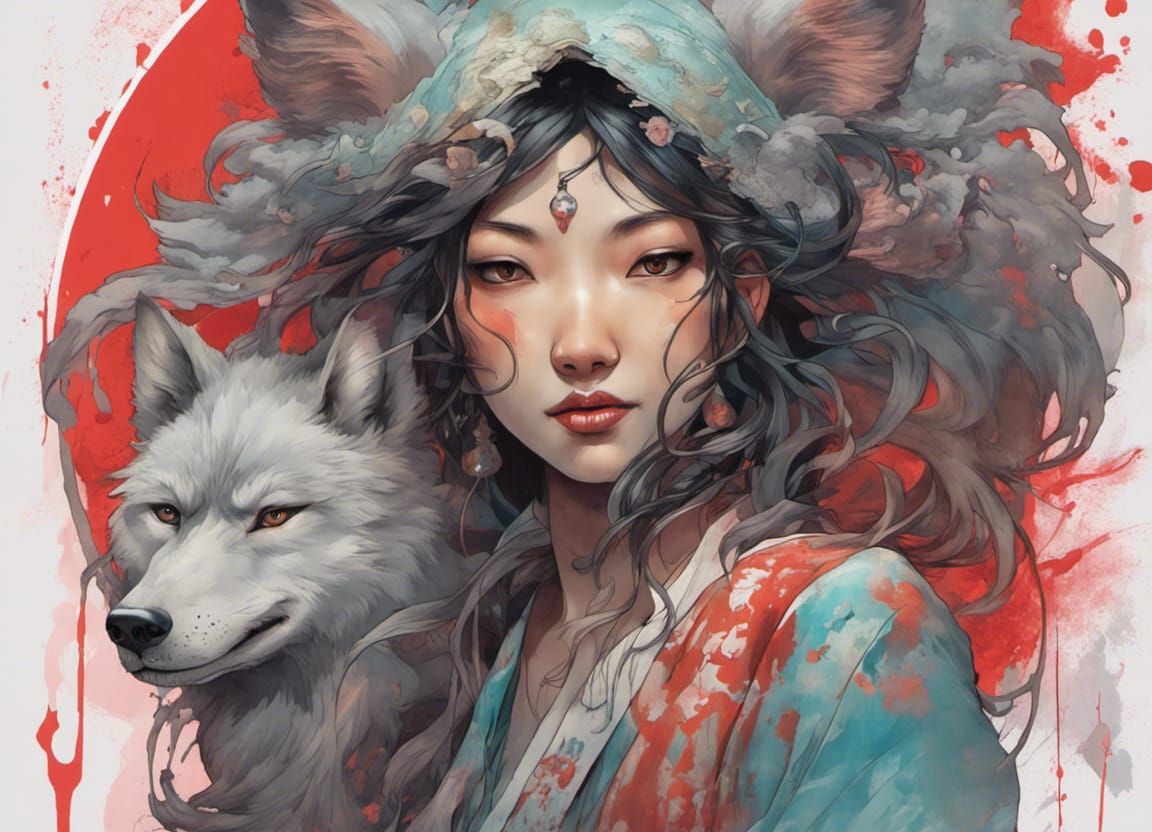 Asian Wolf Yokai Woman Art in Graffiti Style