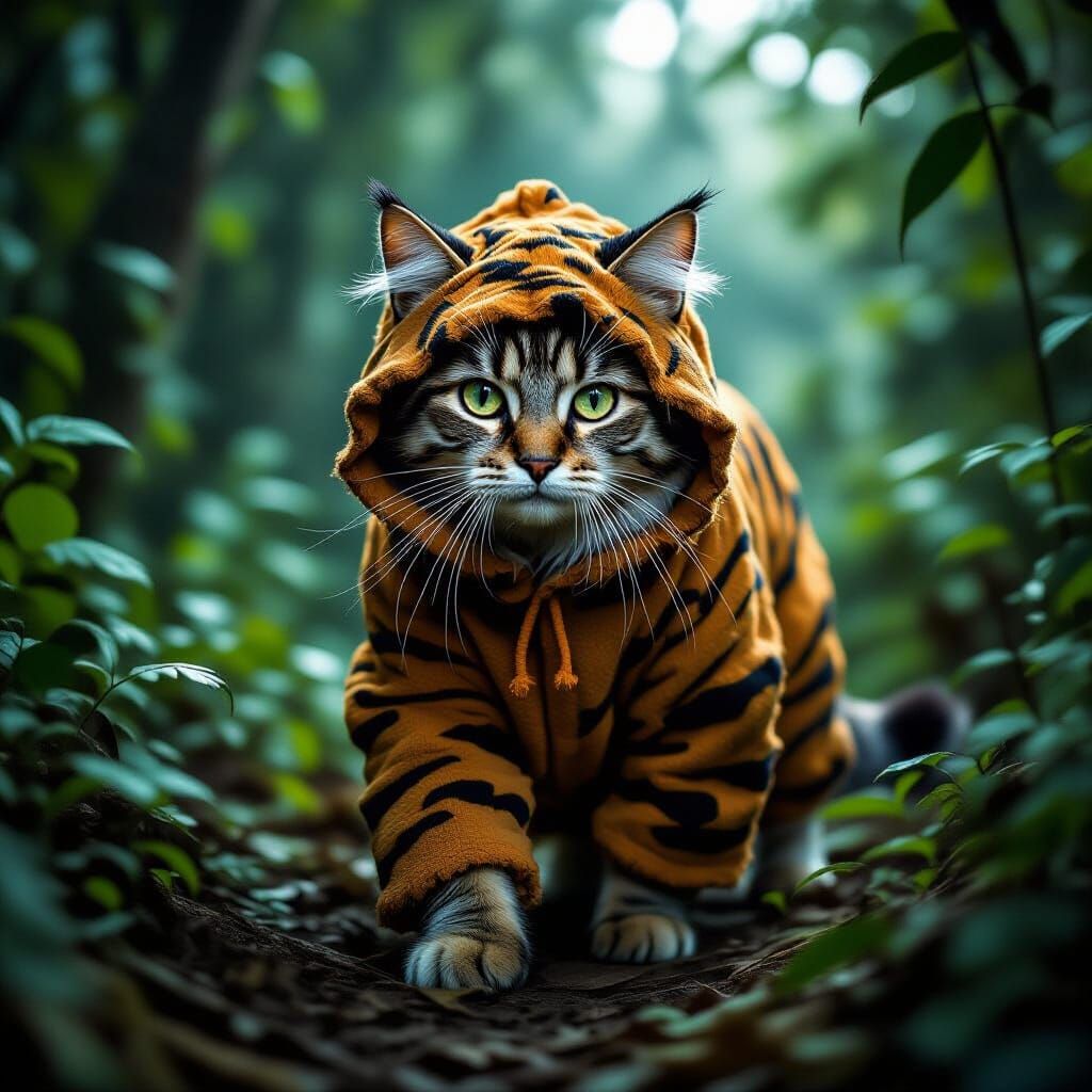 Cat in Tiger Costume in Shadowy Jungle