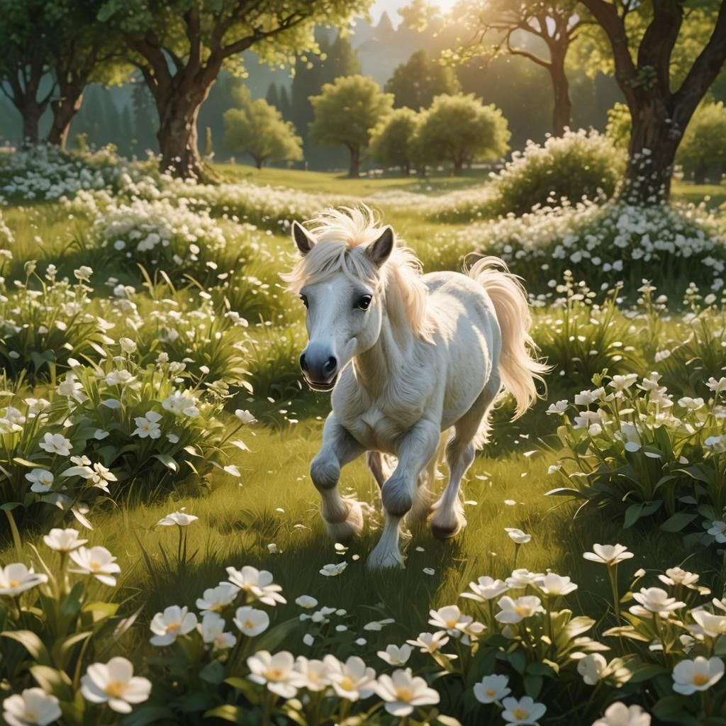 Miniature Horse Runs Through Lush Flower Field