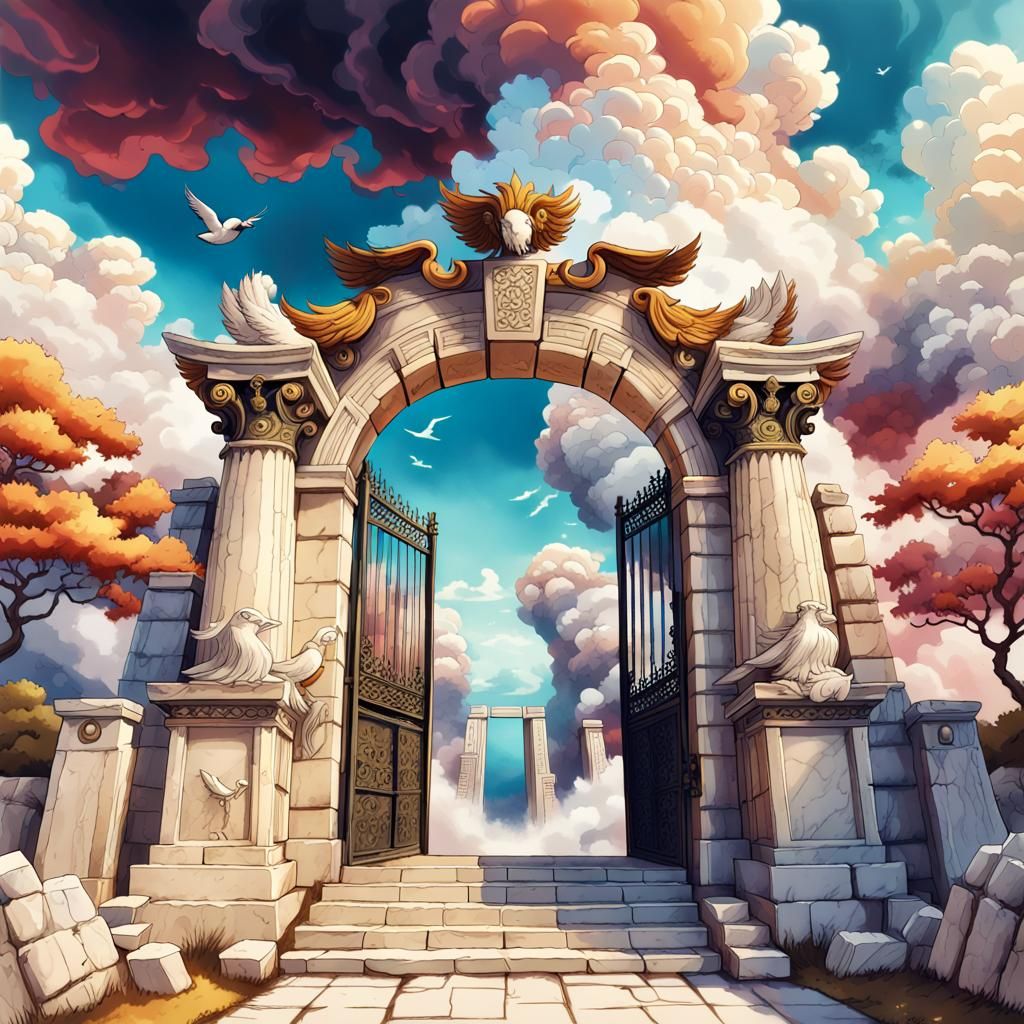 Ancient Greek Gate with Smoke, Cel-Shaded Art