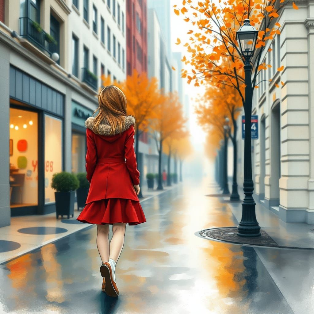 Woman in Red Coat: Watercolor Autumn Street