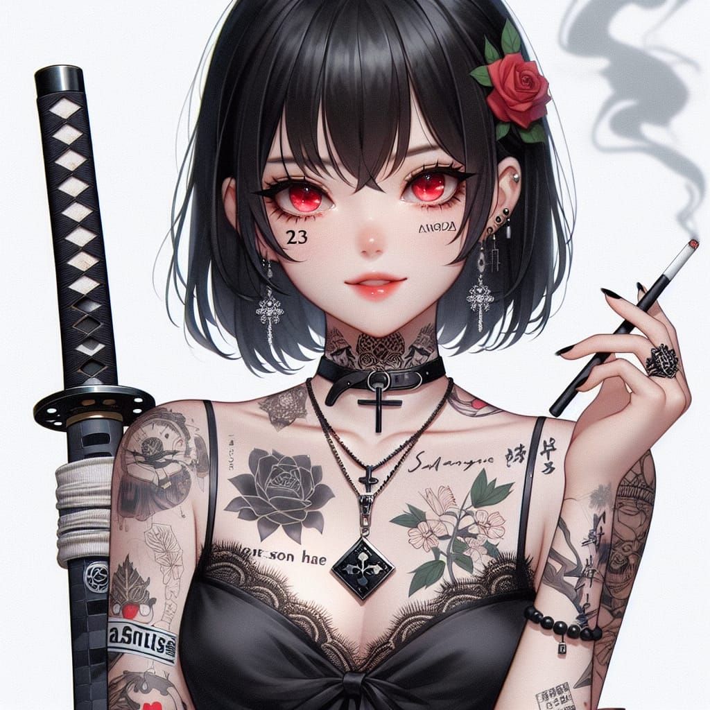 Anime Girl with Katana and Tattoos