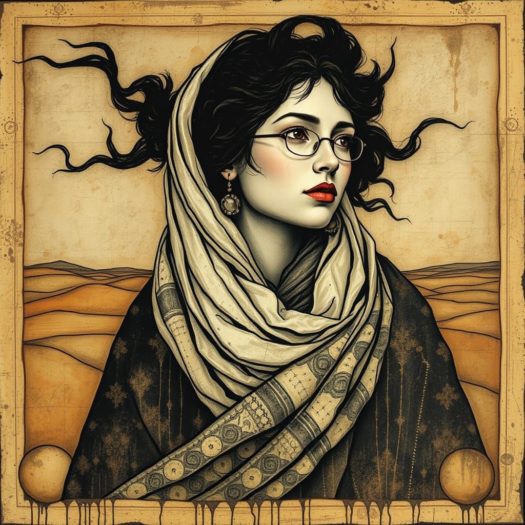 Mystic Nomad in Windswept Desert Landscape