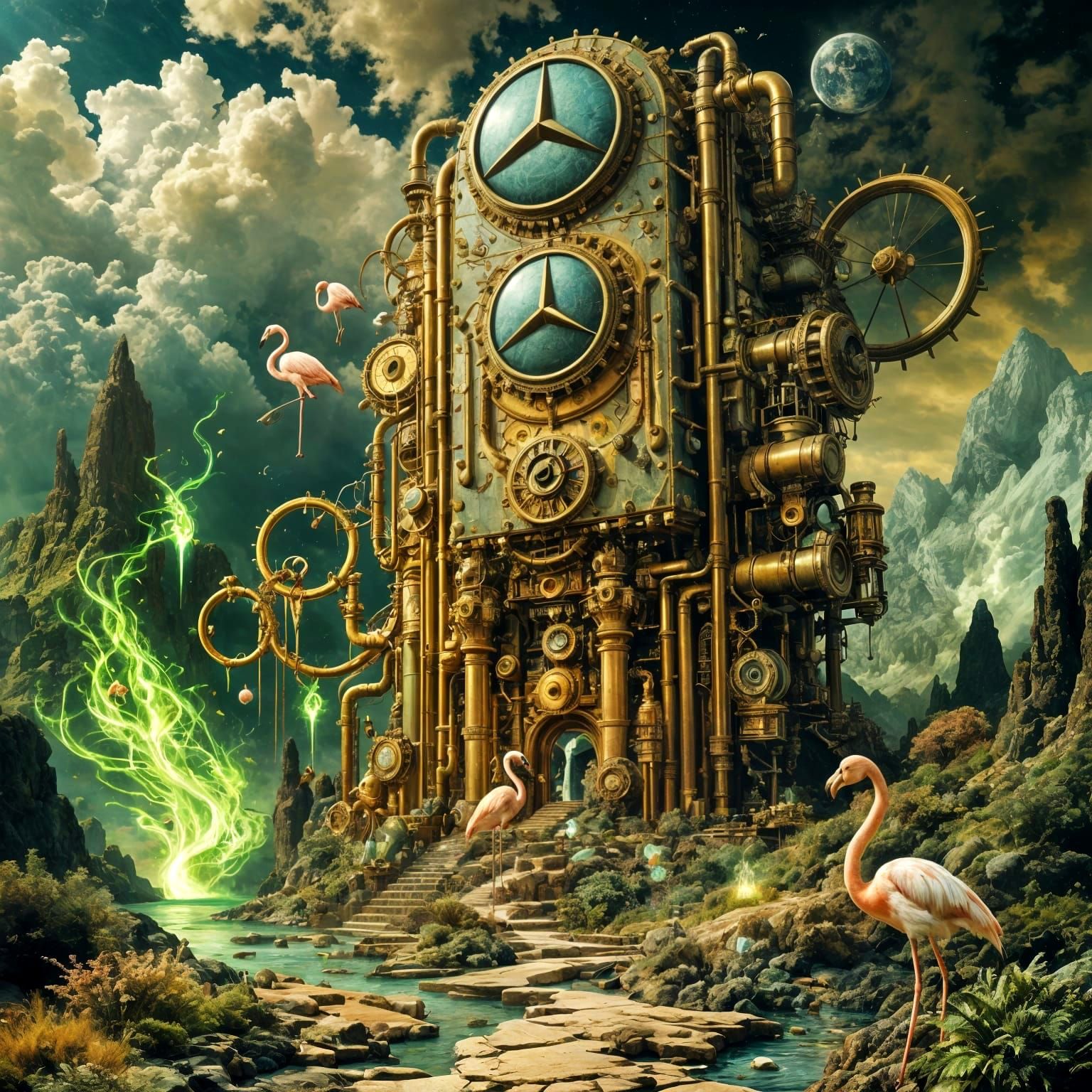 Steampunk Monolith with Flamingo and Mercedes in Surreal Sty...
