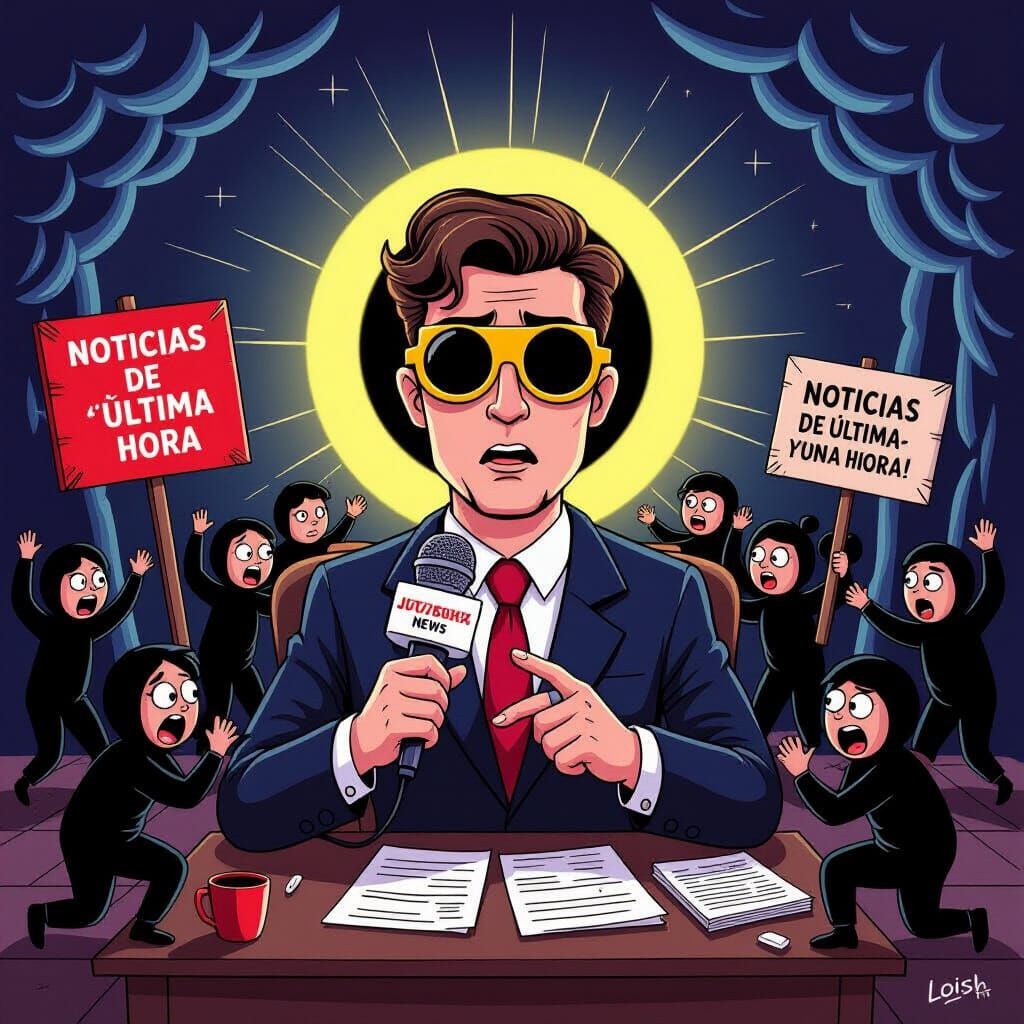 Dramatic Newsroom Scene in Meme Style Illustration