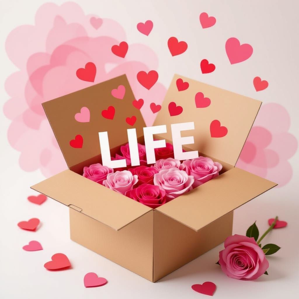 Box Opens Revealing 'LIFE' Amidst Rose & Pink Watercolors