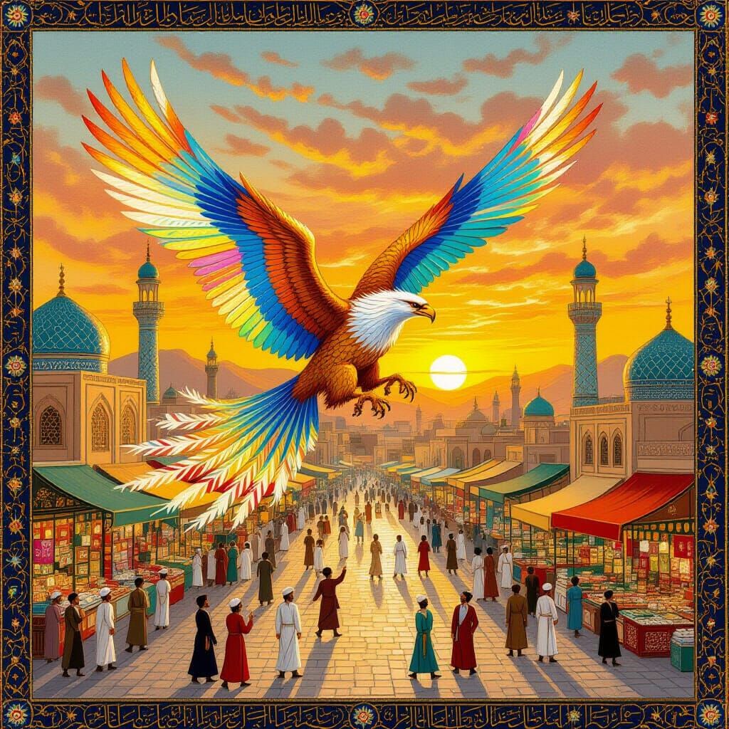Griffin Soaring Over Tehran: Persian Miniature Style