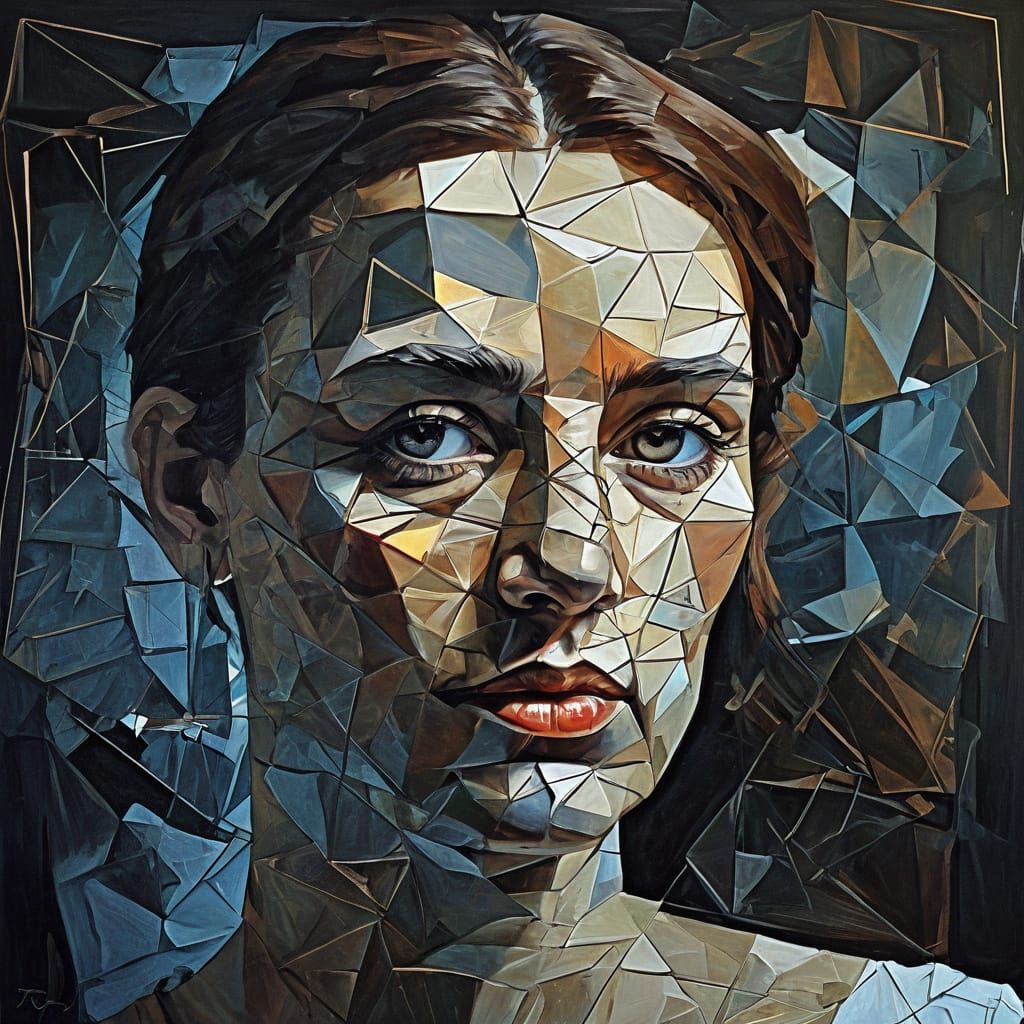 Blue Monochromatic Queen of Charm and Mystery in Cubist Styl...