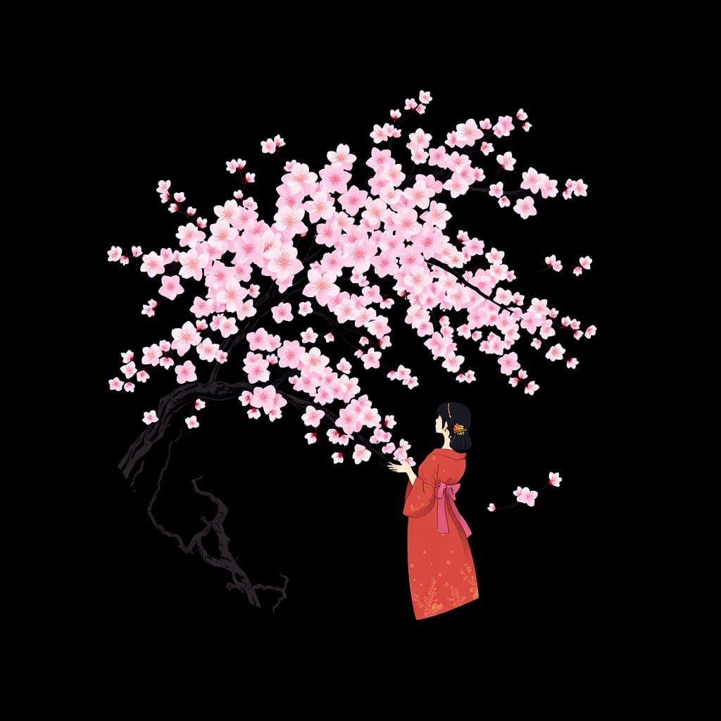 Japanese Woman Admiring Cherry Tree in Graphic Style