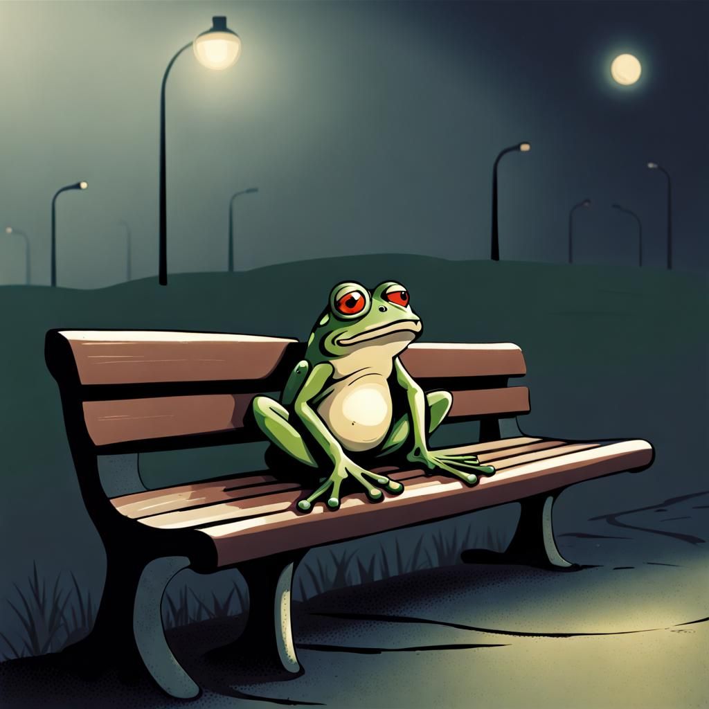 Frog Contemplating Darkness on Park Bench