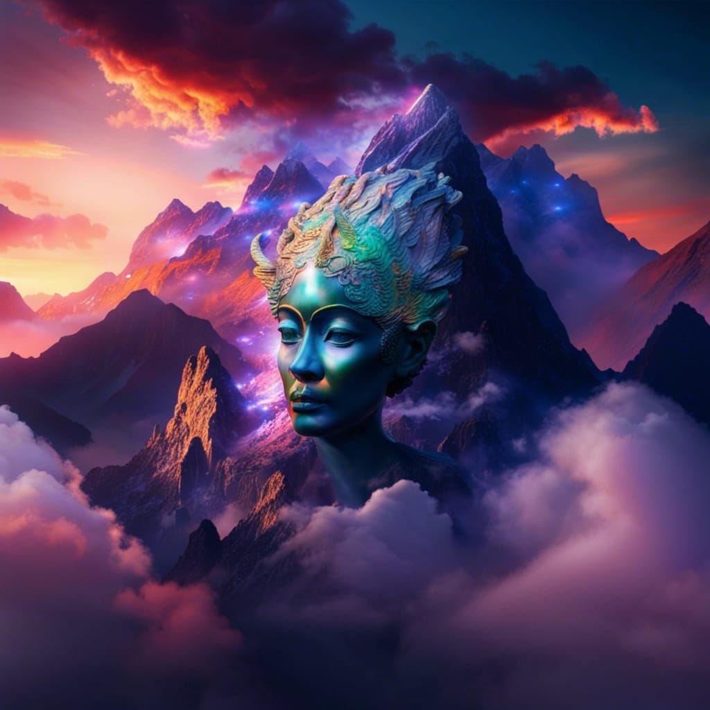 Iridescent Cloud Face over Chinese Mountain Sunset