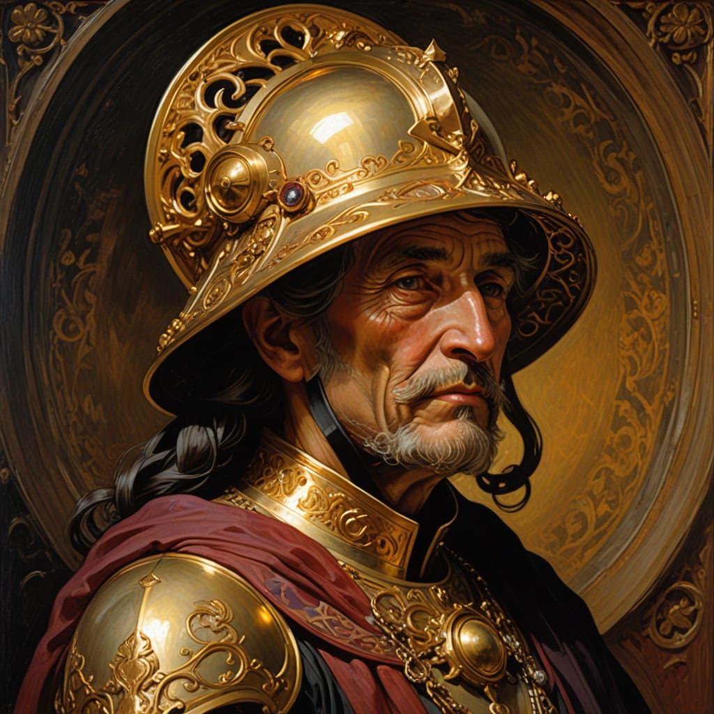 Elderly Warrior in Golden Helmet, Dark Coat, and Purple Slee...