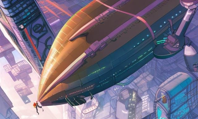 Victorian Airship Over Cyberpunk City: Comic Book Art