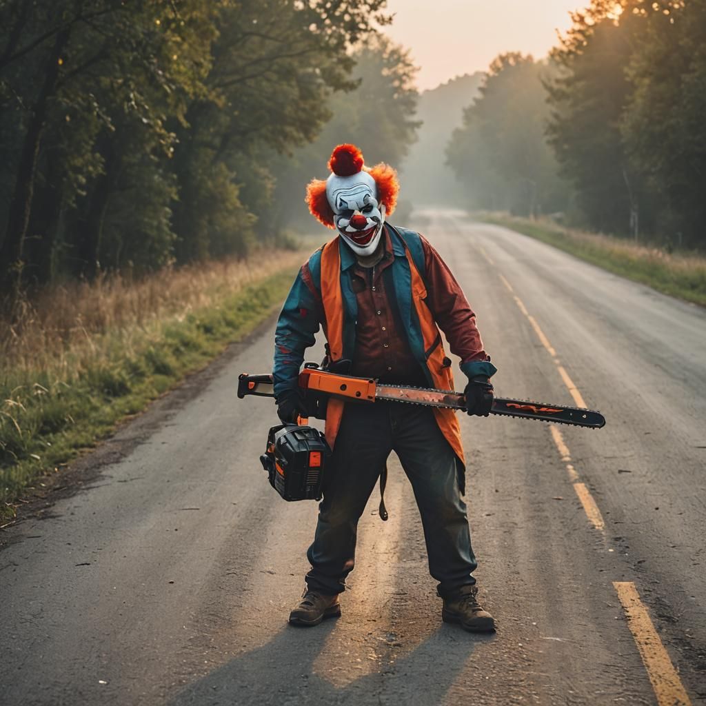 Clown Masked Figure with Chainsaw at Sunrise