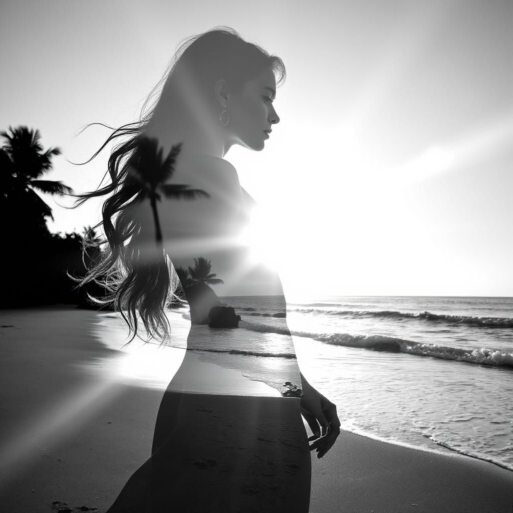 Double Exposure: Woman and Sunset Beach Silhouette