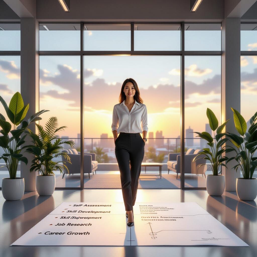 Modern Coworking Space with Sunrise and Career Roadmap